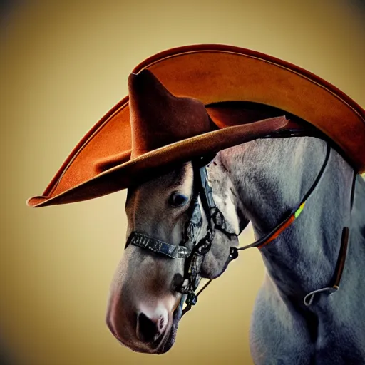 Prompt: cyborg horse with cowboy hat, portrait