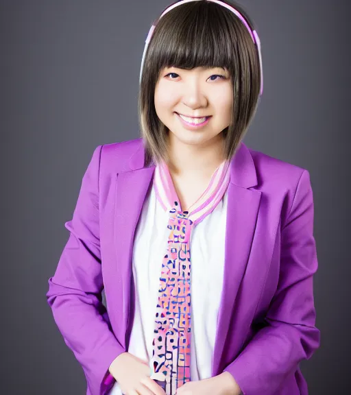 Image similar to a professional portrait photograph of kaede akamatsu, an eighteen year old japanese woman with blonde shoulder length hair, a cowlick, musical note hairpins, a pink blazer, a white backpack, purple contact lenses, and a kind smile, beautiful features, pianist, at her piano
