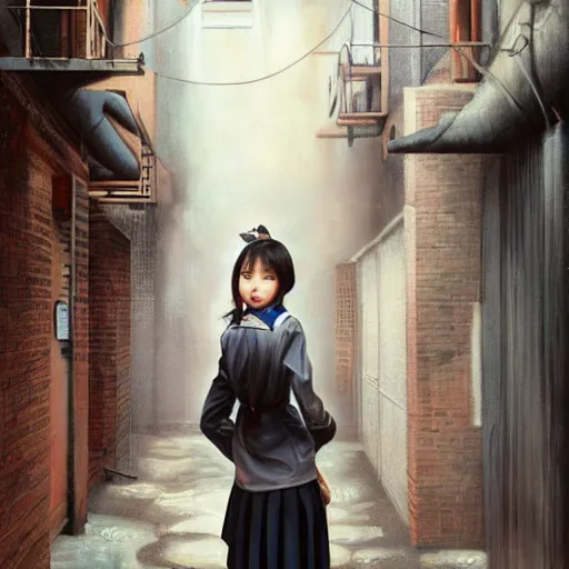 Image similar to a perfect, surrealistic professional oil painting of a Japanese schoolgirl posing in a dystopian alleyway, style of Marvel, full length, by a professional American senior artist on ArtStation, a high-quality hollywood-style concept