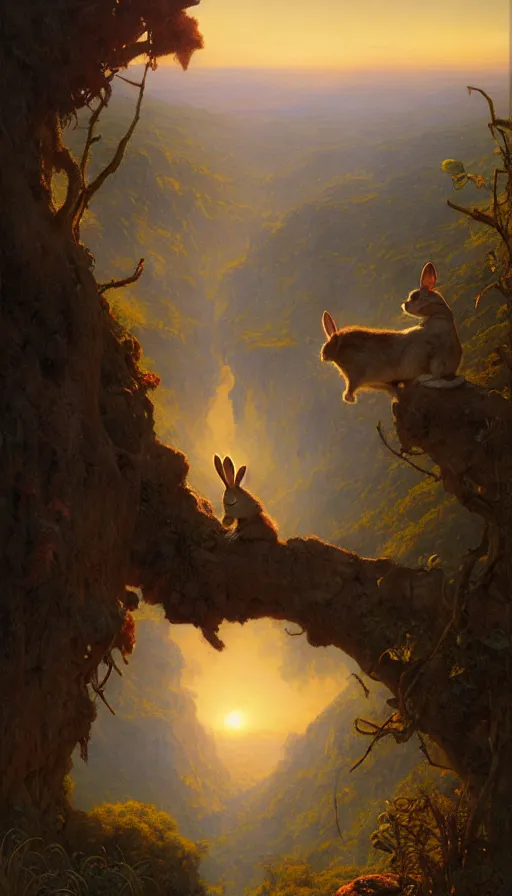 Image similar to rabbit looking off of a cliff, sun setting behind rabbit, lush forest in valley below, painted by tom bagshaw, james gurney, gaston bussiere, craig mullins, j. c. leyendecker 8 k