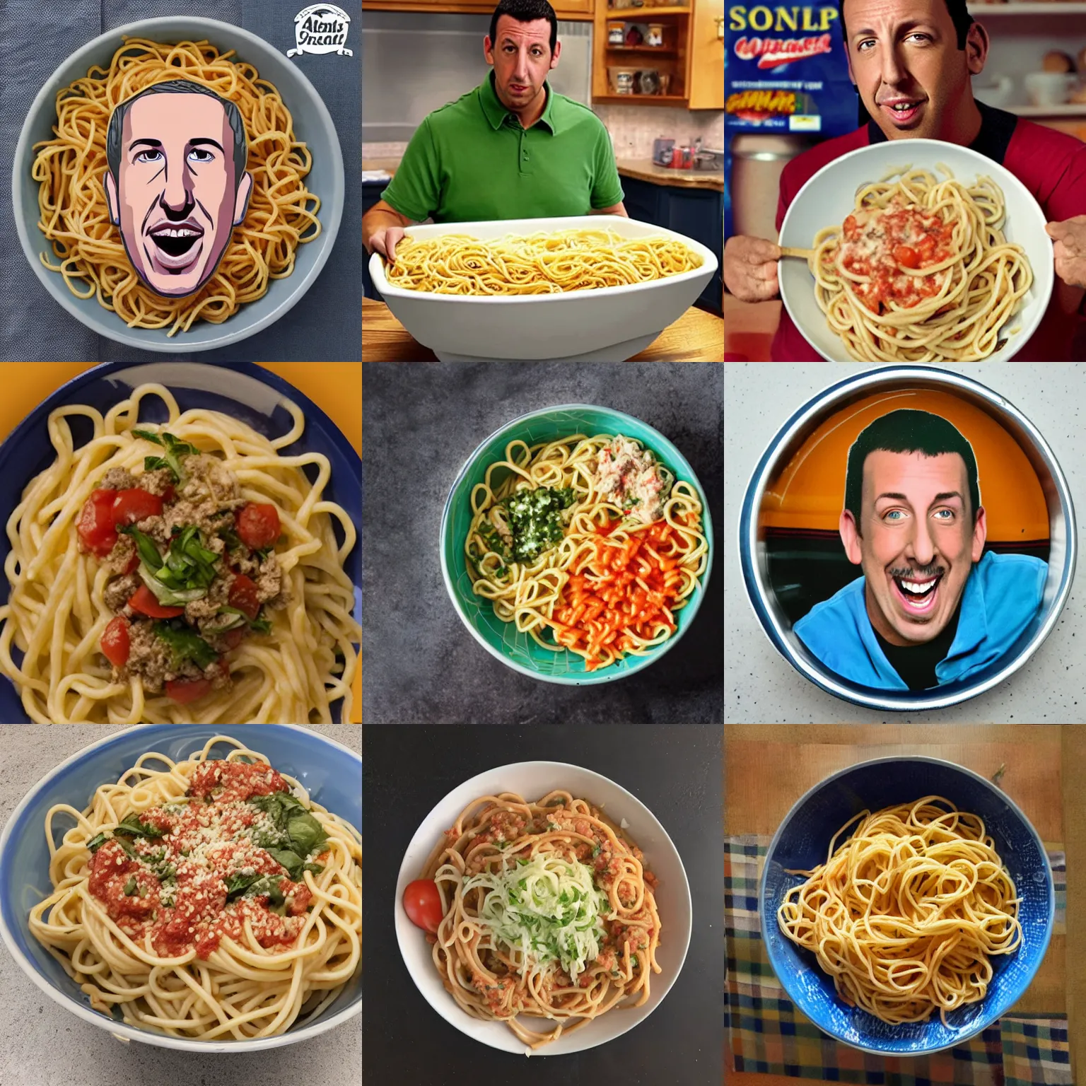 Prompt: adam sandler as a spaguetti bowl