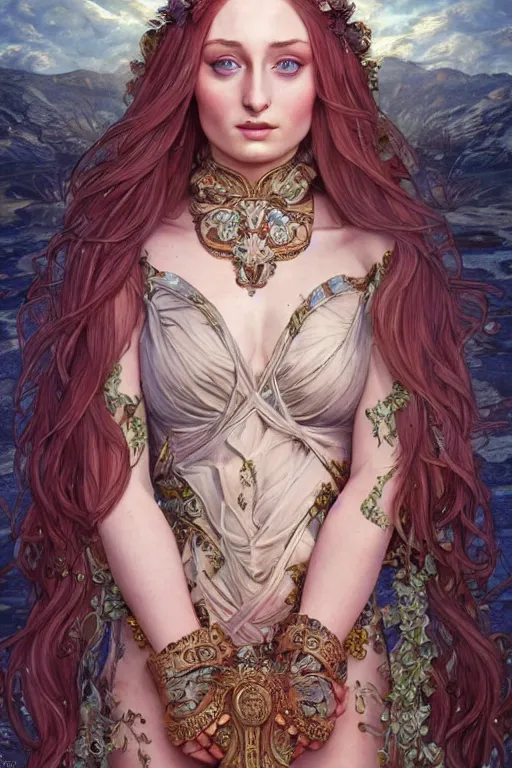 Prompt: Sophie Turner as a Goddess, cute, fantasy, intricate, elegant, highly detailed, digital painting, 4k, HDR, concept art, smooth, sharp focus, illustration, art by artgerm and H R Giger and alphonse mucha