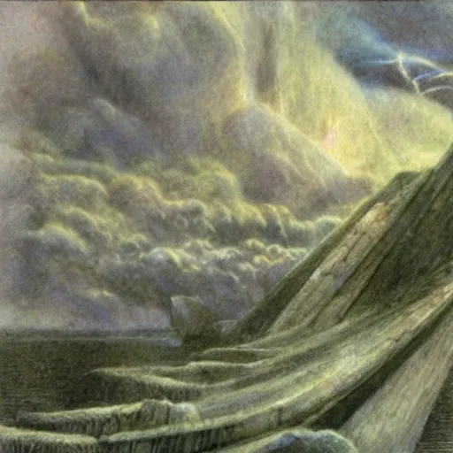 Prompt: the winds of Thor are blowing cold, Alan Lee illustration