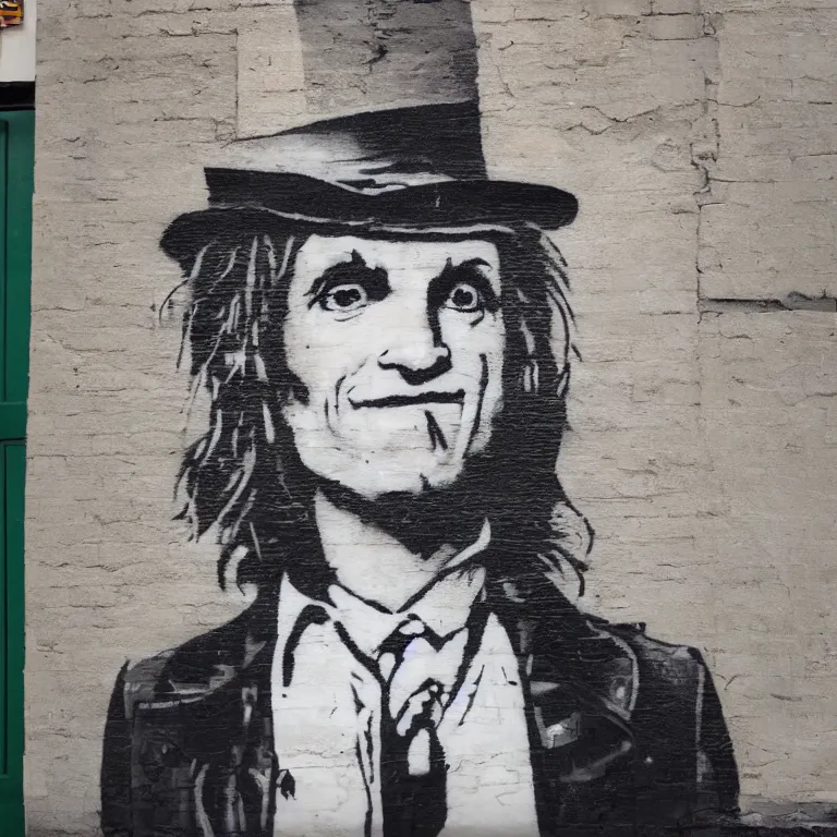 Prompt: Street-art portrait of the Hatter in style of Banksy, photorealism