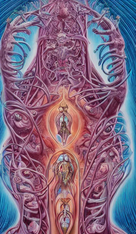 Image similar to a biomorphic painting of the hierophant tarot card! a anatomical medical illustration by nychos and alex grey, cgsociety, neo - figurative, pastel blues and pinks, detailed painting, rococo, oil on canvas, lovecraftian