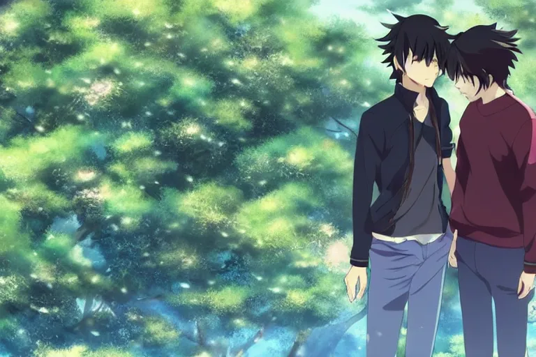 Image similar to Two anime handsome men, Makoto Shinkai