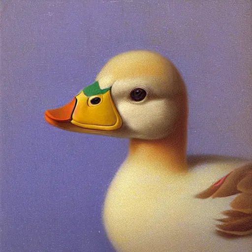 Prompt: a duck with a pearl earring by michael sowa.