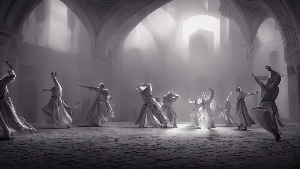 Image similar to tyrkisk sufi dance, sufi, arabic words, bysintine, gothic, 4 k, smokey, michael whelan, peter mohrbache, giovanni paolo panini style epic, volumetric light, insanely detailed, unreal engine render, artstation trends, hyper detail, epic art style, cinematic, concept art, soft white gold lights