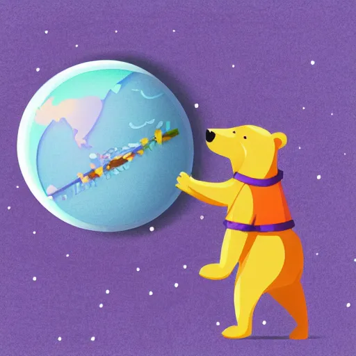 Image similar to cartoon animated illustration of a bear mascot being launched from a futuristic marble planet, purple and orange cloudland