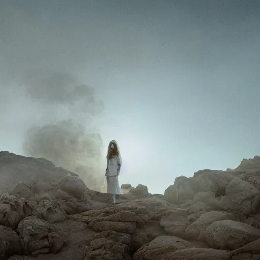 Image similar to The full body shot of beautiful pale woman with white flowers and full-face golden mask in a rocky desert landscape, smoke around her, volumetric lighting, multiple eyes and dry earth by Denis Villeneuve, Lubezki, Gaspar Noe and Christopher Doyle, anamorphic lens, anamorphic lens flares, kodakchrome, cinematic composition, practical effects, award winning photo, 8k