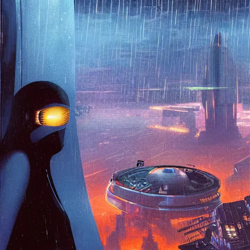 Prompt: in the style of Vincent Di Fate and Chris Moore, a young beautiful attractive girl is looking out of a window at a vast futuristic city, the city fills the background, it is raining , very highly detailed, 8k, wallpaper