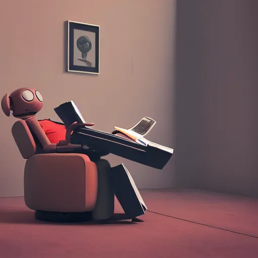 Image similar to futuristic lonely matte brown and red full-body humanoid robot with two huge round expressive sad purple glowing LED eyes and open rectangular mouth sitting on a large comfortable cushioned 1950s vintage recliner reading a newspaper. open newspaper. Cinematic Movie Photograph, Arri Alexa, Extremely Detailed, smooth, very very clean, 8K, octane render, maya render, unreal engine, trending on artstation, DSLR, excellent composition, center frame