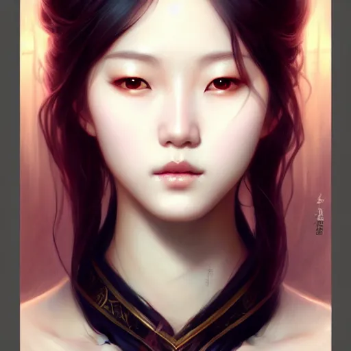 Prompt: Portrait of female korean idol, D&D, face, dark fantasy, intricate, elegant, highly detailed, digital painting, artstation, concept art, smooth, sharp focus, illustration, art by artgerm and greg rutkowski and alphonse mucha