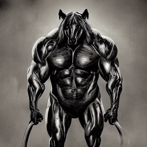 Prompt: an exaggeratedly muscular anthropomorphized black - coated horse with a magnificently muscular physique wearing tight kevlar outfit standing in a facility, long white mane, proportionally enormous arms, equine, anthro art, furaffinity, highly detailed, digital painting, artstation, concept art, illustration, art by artgerm, greg rutkowski, ruan jia