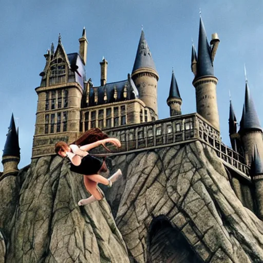 Image similar to Emma Watson flying in a magical broomstick over hogwarts