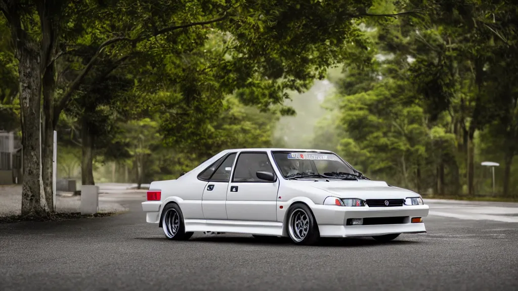 Image similar to toyota sprinter trueno 3 door gt - apex, cinematic, nikon d 7 5 0, long exposure, white balance, 8 k, led, lumen global illumination, fog, ray tracing reflections, fxaa, rtx, post - production