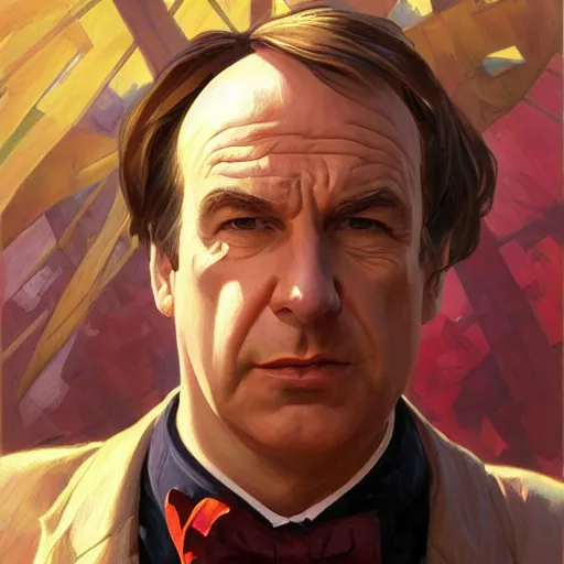 Image similar to saul goodman, fantasy character portrait, dynamic pose, above view, sunny day, very coherent asymmetrical artwork, sharp edges, perfect face, simple form, 100mm by Stanley Artgerm Lau, greg rutkowski, thomas kindkade, alphonse mucha, loish