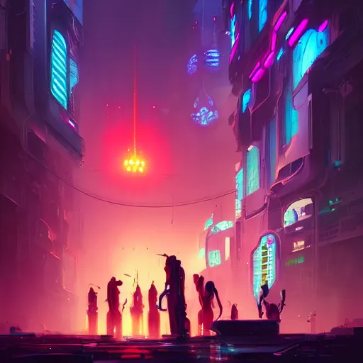 Image similar to crowded place, people, cyberpunk, bionics, augments, lights, cables, colorful, vivid, imposing, epic, digital painting, artstation, concept art, by peter mohrbacher and wlop and rhads,