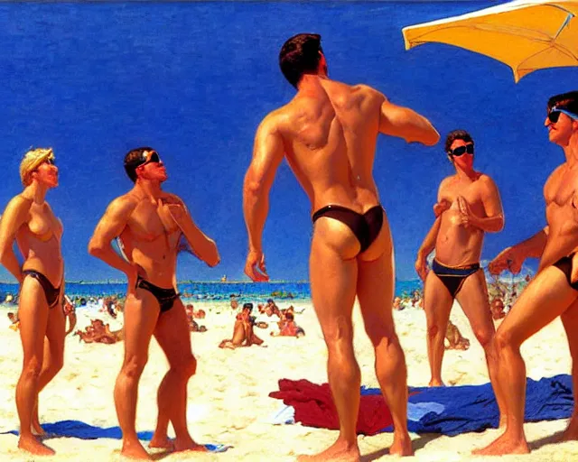 Image similar to top gun beach volleyball scene, cool colors, hard angles, painting by gaston bussiere, craig mullins, j. c. leyendecker, tom of finland