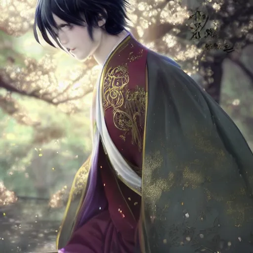 Image similar to a young beautiful prince, golden eyes, long black hair, white hanfu, elegant, intricate, backlit, incredible lighting, strong rim light, subsurface scattering, hyper realistic anime, beautiful landscape, cherry trees, highly detailed digital painting, by Heise Jinyao, Heise-Lian Yan Fang, Feimo, Rossdraws, Sakimichan HDRI, vivid colors, high contrast, trending on artstation 8k