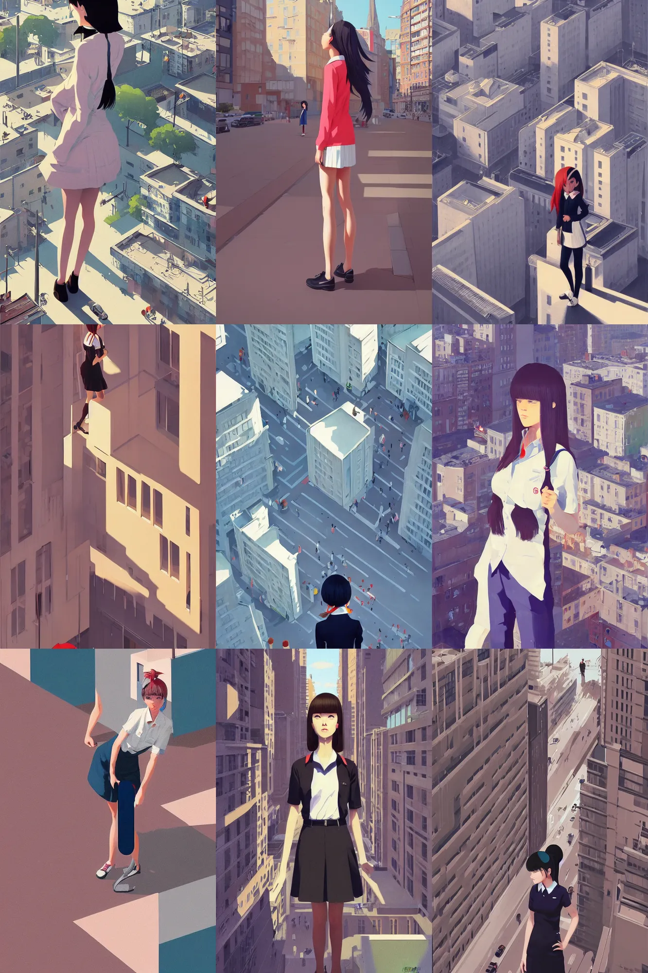 Image similar to a cute giantess wearing school uniform standing in the city which seem small, bird's eye view, strong brush stroke, sharp focus, illustration, morandi color scheme, art station, by ilya kuvshinov