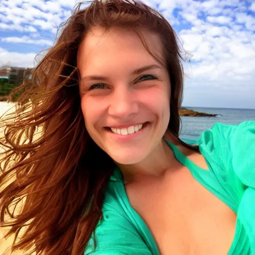 Prompt: Selfie photograph of a cute young woman with bronze brown hair and vivid green eyes, smiling smugly, medium shot, mid-shot, beach background
