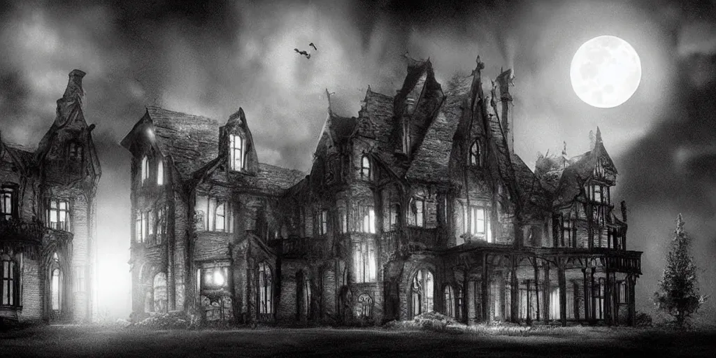 Image similar to inside a haunted mansion at night, moonlight shines through the windows, hyper realistic, dramatic shadows, gothic