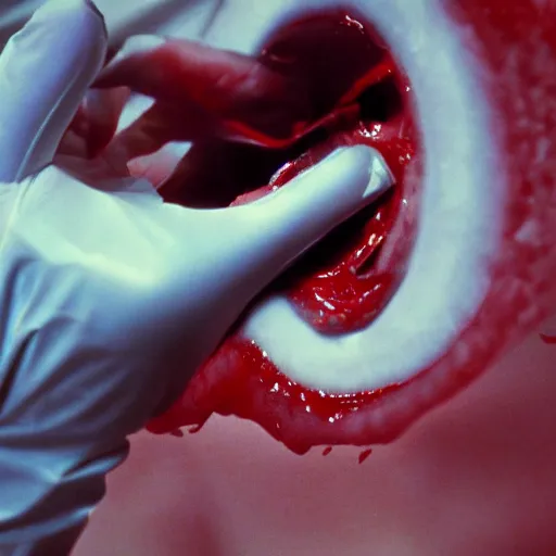 Prompt: filmic closeup dutch angle movie still 4k UHD 35mm film color photograph of a screaming horrified doctor looking down at his freshly amputated hand, where his wrist has been freshly severed, blood is gushing from the wound