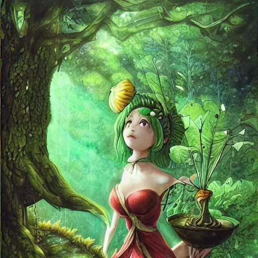 Prompt: a green genie ready to grant wishes deep in the forest, fantasy illustration, Miyazaki