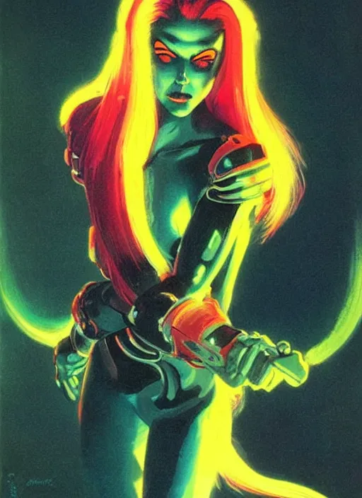 Image similar to female evil android, neon hair, glowing skin, strong line, saturated color, beautiful! coherent! by frank frazetta, high contrast, minimalism