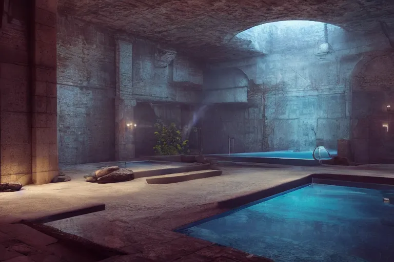 Image similar to serene pool in dark old citadel basement, hyper realistic, ambient lighting, concept art, intricate, hyper detailed, smooth, dynamic volumetric lighting, octane, raytrace, cinematic, high quality, high resolution, 4 k, cgsociety, rutkowski, gurney