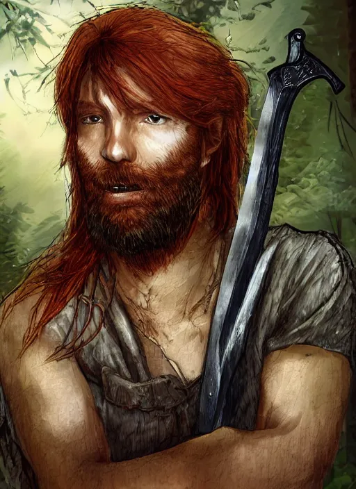 Image similar to grungy redhead 30-something scruffy bearded shoulder-length hair swordsman holding a short curved sword in a ultradetailed pacific northwest redcedar forest, smooth. sharp focus, grunge dingy high quality digital art detailed,