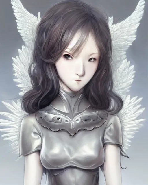 Image similar to range murata, an infinitely detailed portrait of a frail and pale female peace angel elegantly. fully - clothed full - body, beautiful! scenery art!! coherent! by wlop & murata range, victorian armor trim, cold color palette, artstation / pixiv!! elegantly armored angel portrait full - body, dreamy art