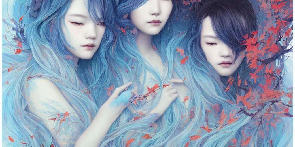Prompt: breathtaking detailed concept art painting pattern of blue hair faces goddesses amalgamation autumn leaves with anxious piercing eyes, by hsiao - ron cheng and james jean, pastel colors, bizarre compositions, exquisite detail, 8 k