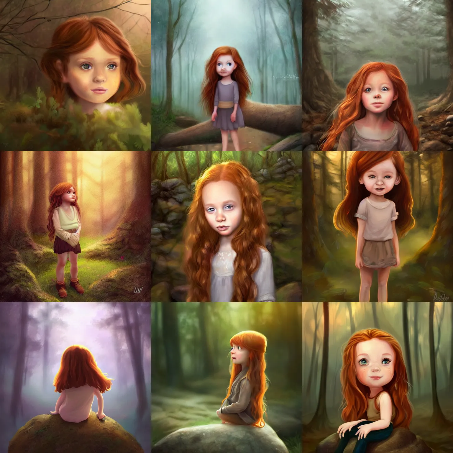 Prompt: beautiful 5 year old girl with long ginger hair and brown eyes, standing on a rock in the forest. warm atmospheric lighting. realistic face. highly detailed digital painting by lois van baarle.