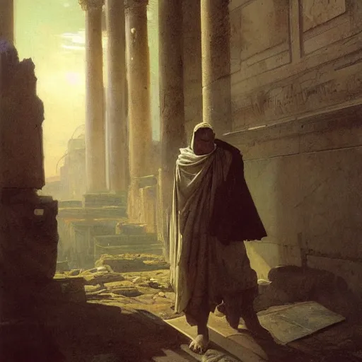 Image similar to half portait of magican wearing a closed cowl and carrying big old book! jeremy mann, jean leon gerome, tiepolo, alphonse mucha, greg rutkowski, face in the shadows, ( ( ruins of ancient rome ) ), at dusk, mysterious atmosphere, sunrays, dof, masterpiece, high detailed, 8 k