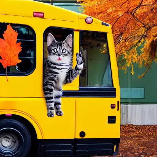 Prompt: anthropomorphic cute kitten wearing a yellow raincoat and yellow boots getting on the school bus on the first day of kindergarten, with colorful fall leaves and light rain, by Wes Anderson