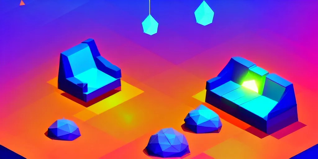 Image similar to isometric object is a low poly isometric sofa with an alien aesthetic inspired by pandora in the avatar movie, it has bioluminescent plants growing around it, cartoonish style but with beautiful orange - yellow with blue hints and it's bedecked with some sparkling crystals. a dark place, night isometric ambient black background neon. behance, pinterest artstation