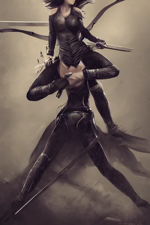 Prompt: female ninja warrior, dark clothes, wielding katana, wind in the hair, overcast weather, digital concept art, heavily detailed, realistic, ariel perez, trending on artstation