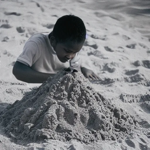 Image similar to a photo of cat making a sand castle on the beach, cinestill, 8 0 0 t, 3 5 mm, full - hd