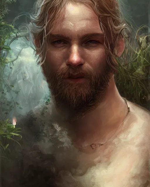 Image similar to detailed portrait of a portly monk, magical, bright spells, fantasy, ruins, overgrown plants, atmosphere, 8 k high definition, insanely detailed, intricate, by charlie bowater, johan grenier