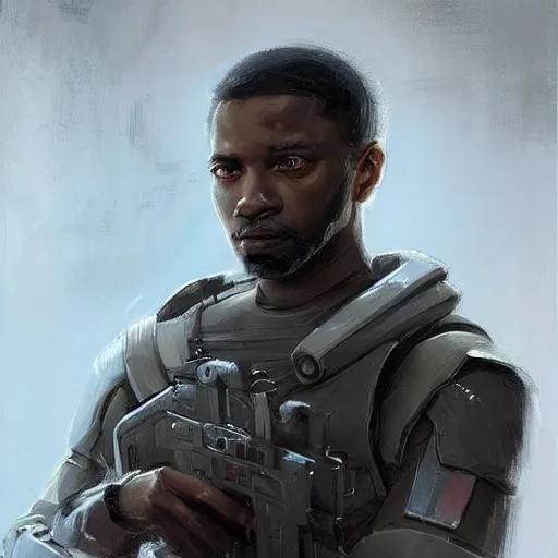 Image similar to portrait of a man by Greg Rutkowski, a black man in his 20s, short hair, military composure, friendly, wearing the tactical gear of the galactic alliance, Star Wars Expanded Universe, highly detailed portrait, digital painting, artstation, concept art, smooth, sharp foccus ilustration, Artstation HQ