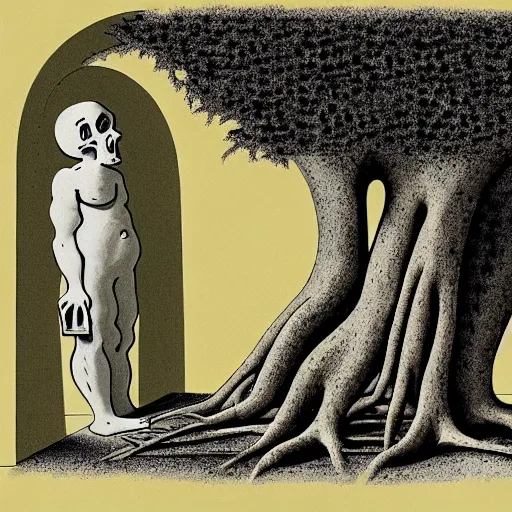 Image similar to at one end of a tomb, its curious roots displacing the time - stained blocks of pentelic marble, grows an unnaturally large olive tree of oddly repellent shape ; so like to some grotesque man, or death - distorted body of a man