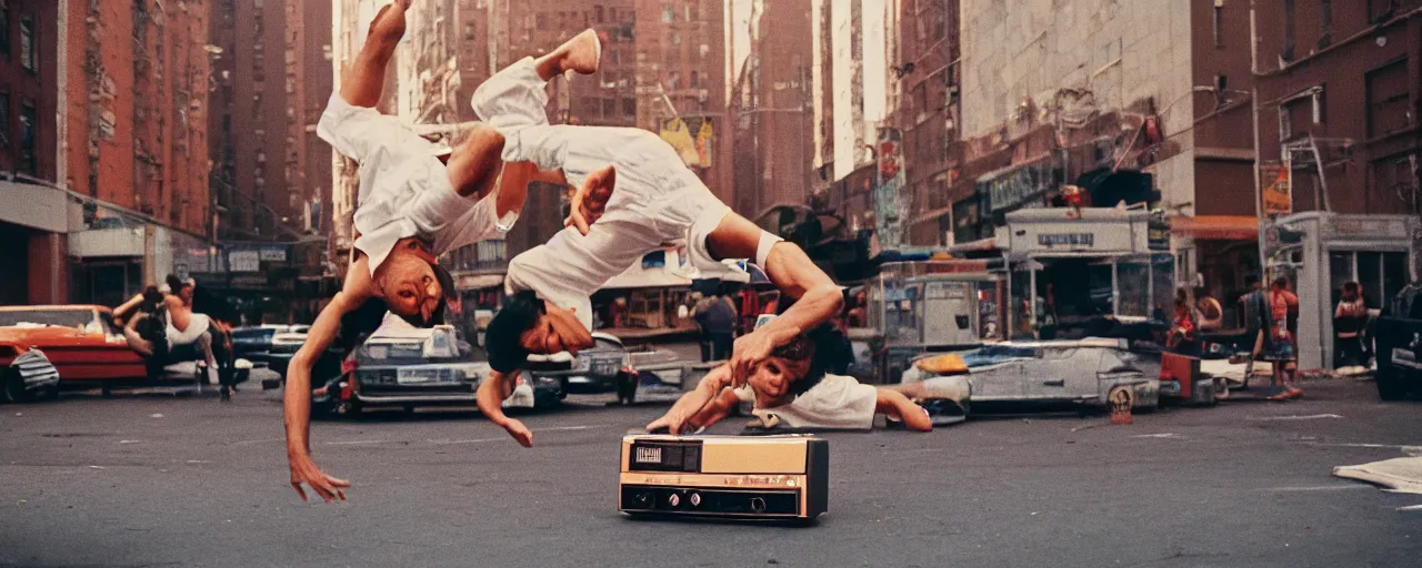Image similar to 1 9 8 0's breakdancing next to a boombox made of spaghetti nyc, afternoon light, detailed, canon 2 0 mm, wes anderson, kodachrome