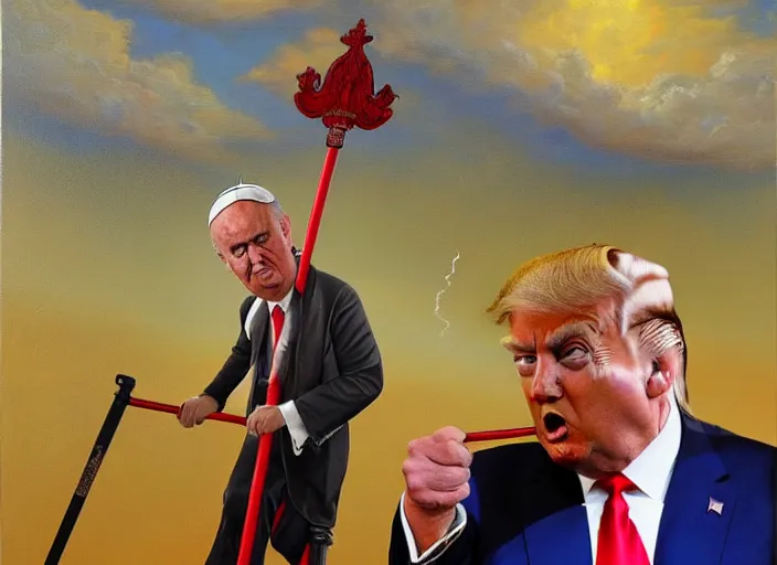 Prompt: an extremely high quality hd surrealism painting of Donald trump as the pope riding a pogo stick 8k, realistic shading, ultra realistic, super realistic