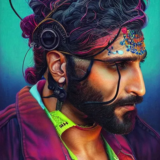 Image similar to portrait of ranveer singh, hyper detailed masterpiece, neon floral pattern, jean giraud, digital art painting, darkwave goth aesthetic, psychedelic, artgerm, donato giancola and tom bagshaw