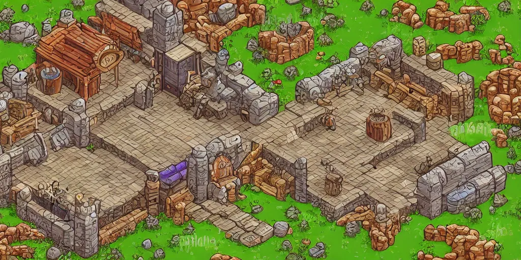 Image similar to A high detailed ìsometric vector art presenting an aerial view of a RPG tavern by Breath of Fire 4, Patreon content, containing tables and walls, HD, straight lines, vector, grid, dnd map, map patreon, fantasy maps, foundry vtt, fantasy grounds, aerial view ,dungeondraft , tabletop, inkarnate, dugeondraft, roll20