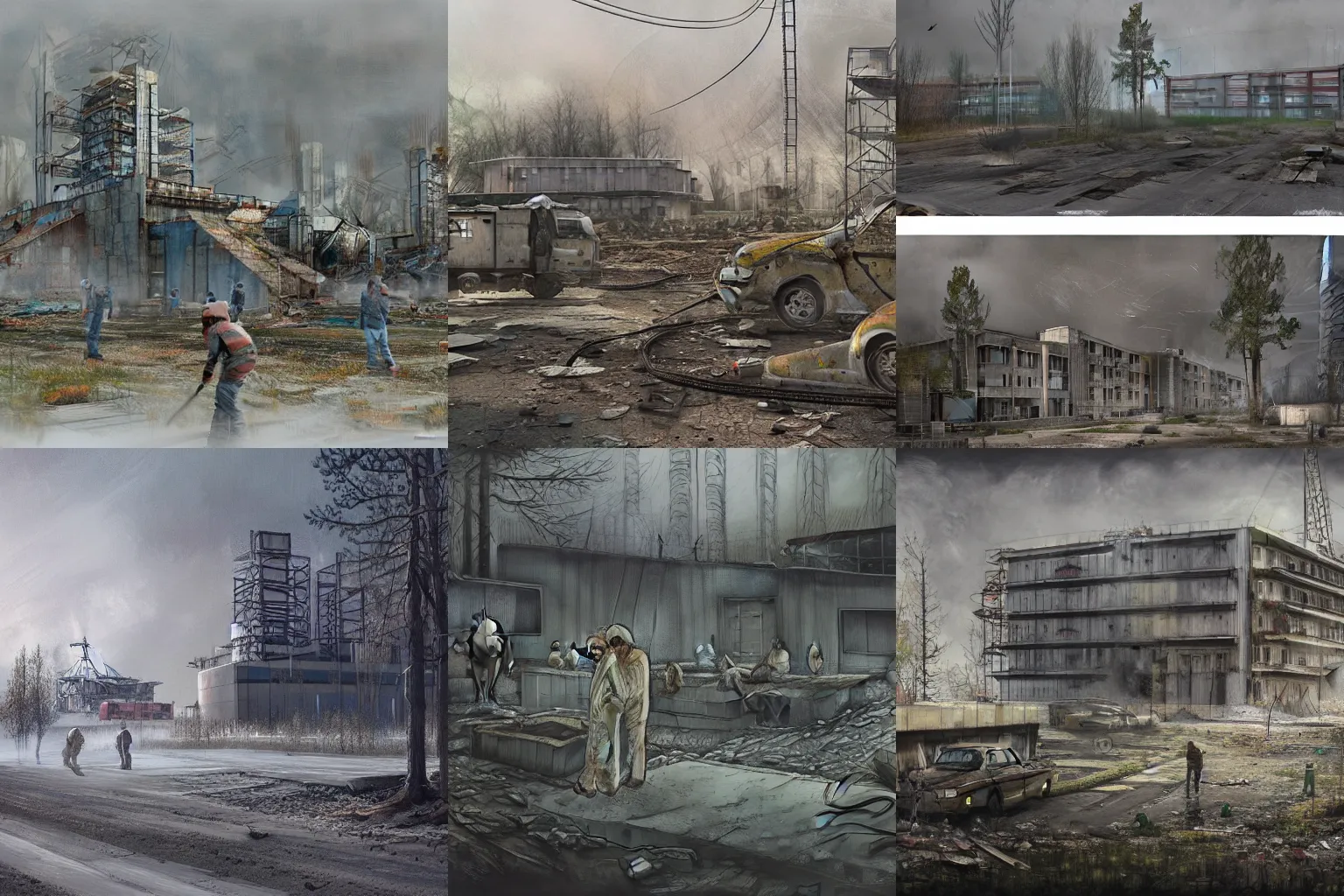 Prompt: liquidators in chernobyl, concept art by Aaron Limonick, highly detailed, ultra detailed, ultra realistic, trending on artstation