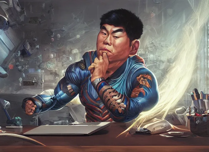 Image similar to an insanely detailed painting of an asian man wearing a homemade superhero costume, sitting at a desk, staring seriously at the computer and typing, in the style of peter mohrbacher, james jean, artgerm, dramatic lighting and composition, surreal background, octane render, pixar, trending on artstation, concept art, comic book, view from behind, 8 k