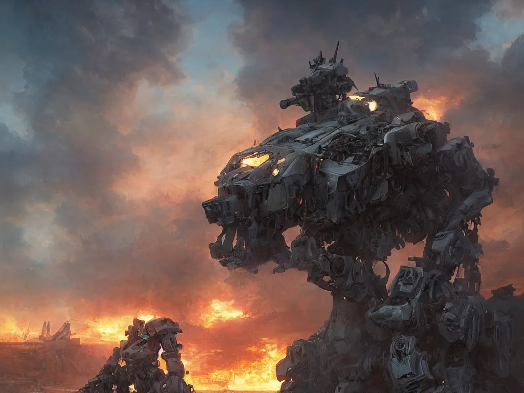 Image similar to portrait of timberwolf battlemech on fire, battle damage, sunset glow around head, full body portrait, intricate, elegant, highly detailed, digital painting, artstation, concept art, smooth, sharp focus, illustration ,sunset, dramatic lighting by Marc Adamus art by artgerm and greg rutkowski and alphonse mucha, background is a city in ruins